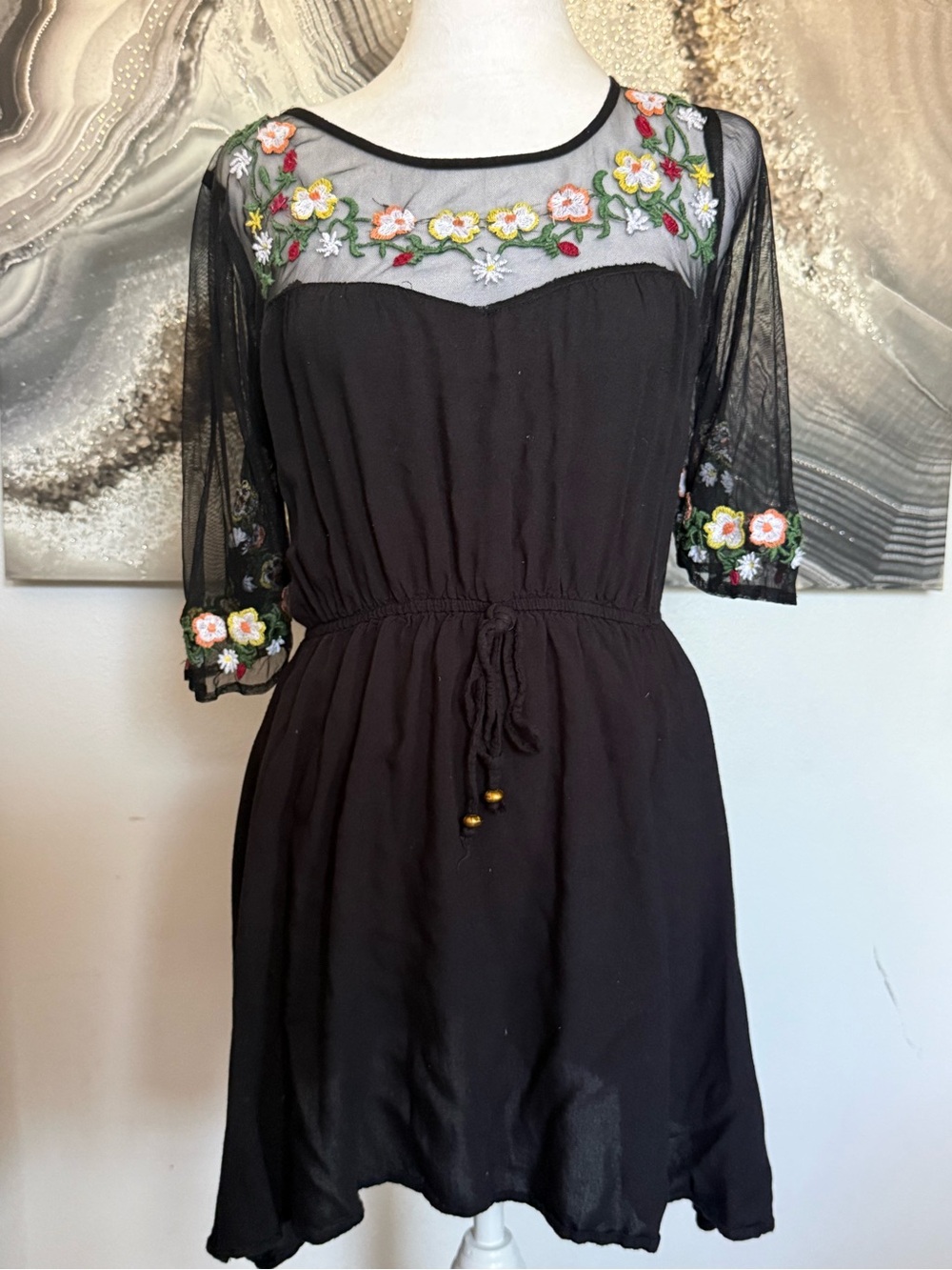 True Destiny Black Mini Dress with Multicolor Floral Embroidery